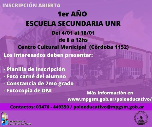 Arranca la inscripción para la nueva escuela secundaria de Puerto General San Martín