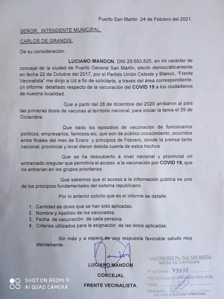 Pedido de informe sobre "vacunación VIP" en Puerto General San Martín.