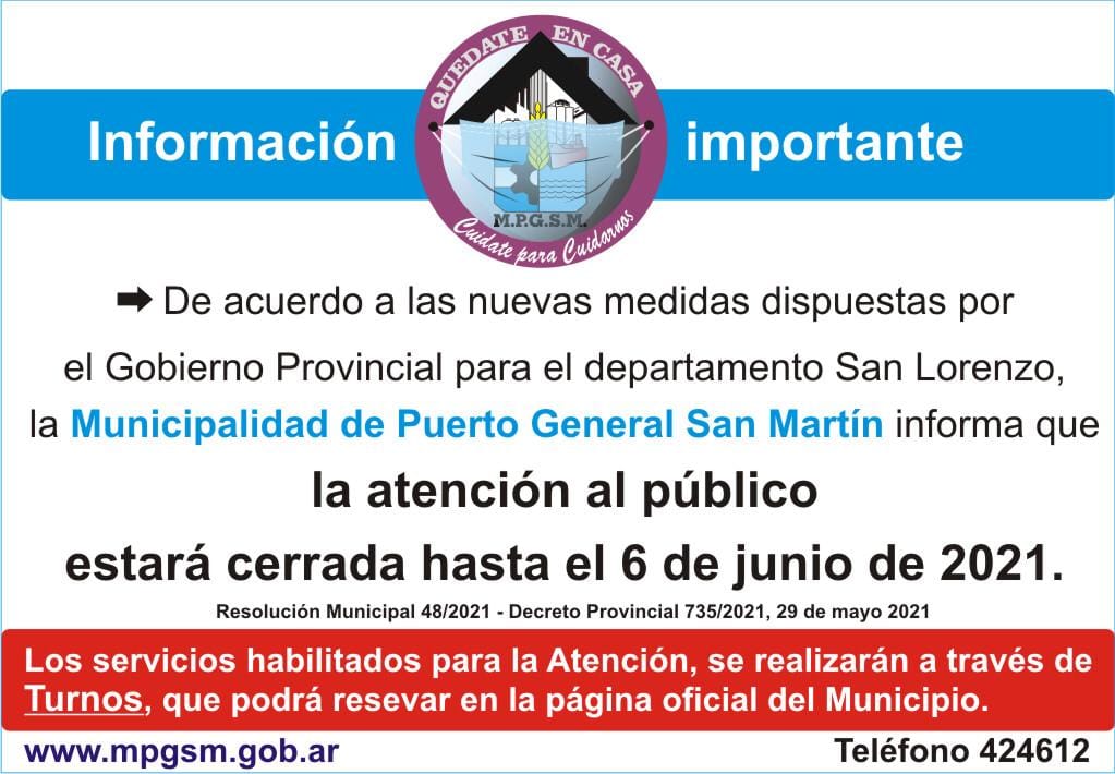Municipalidad de Puerto General San Martín sin atención al público hasta el 6 de Junio