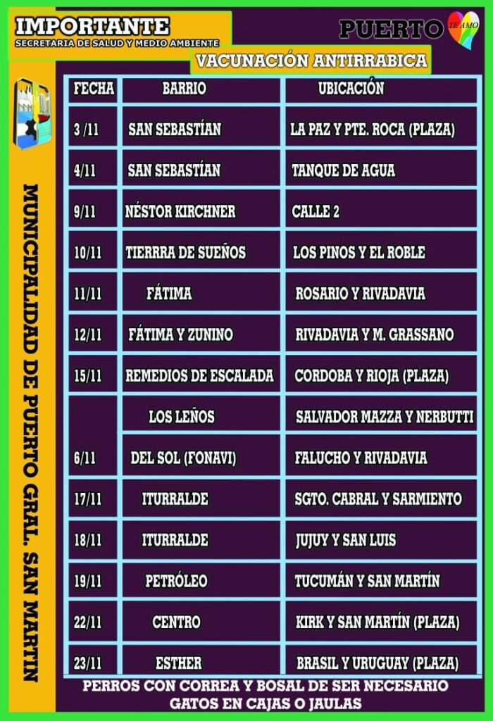Cronograma de vacunación antirrábica en Puerto General San Martín