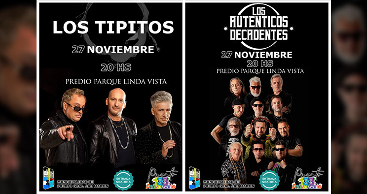 Los Tipitos y Los Auténticos Decadentes se presentan este domingo en Puerto General San Martín